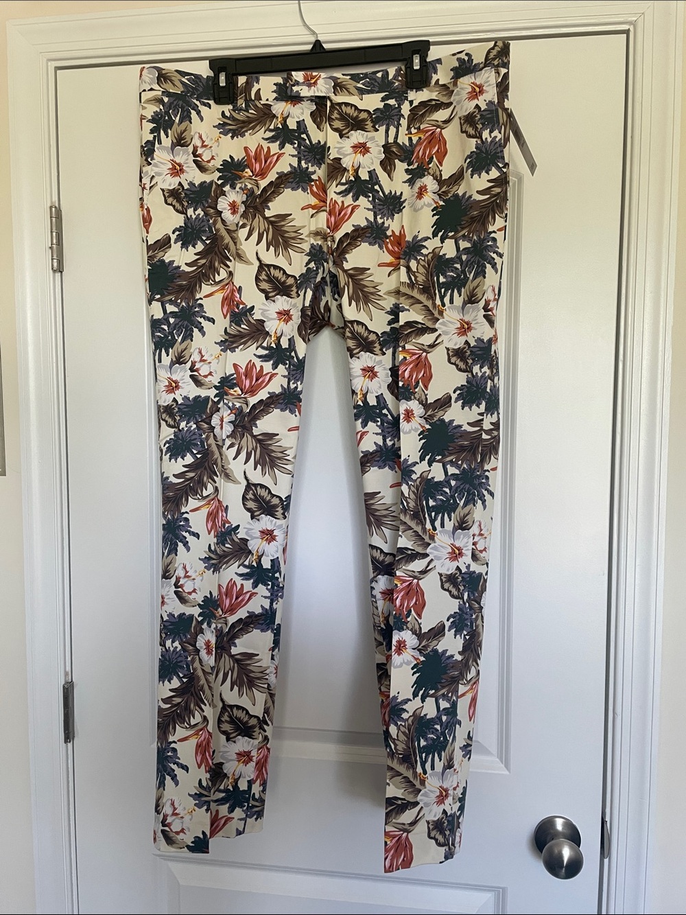 Paisley & Gray Cream Floral Print Slim Pants with Green and Rust Accents
